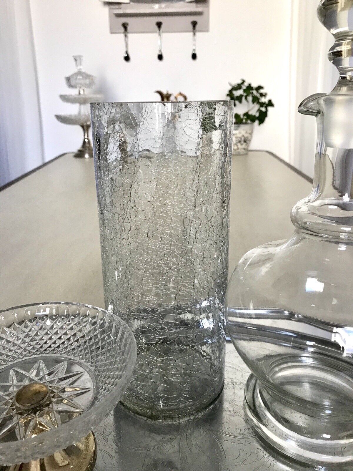 Vintage Kristallglas Kunstglas Craquelée Vase Glasvase zylindrisch groß