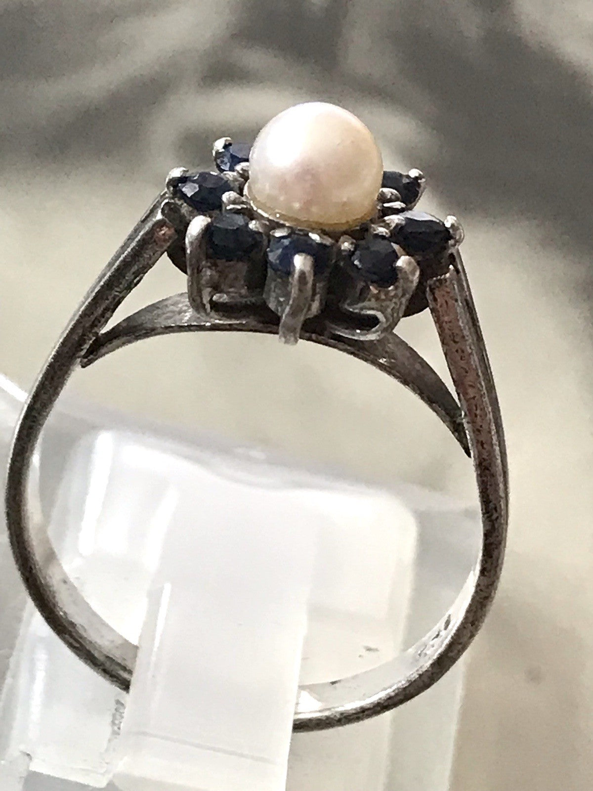 Antik? Vintage Art Déco Damen Ring Perle Spinell ? Saphir? Silber 925 Gr.57 18,1