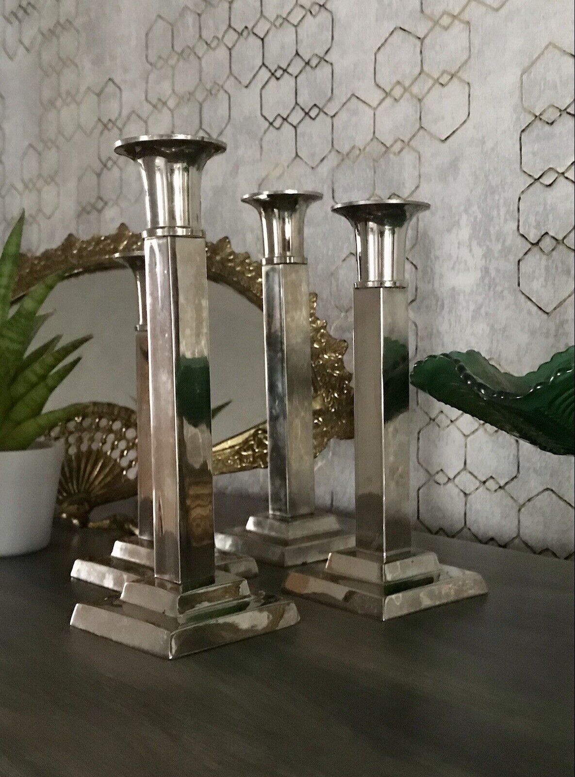 4 Kerzenleuchter Kerzenständer Leuchter Art Déco Stil versilbert? kantig