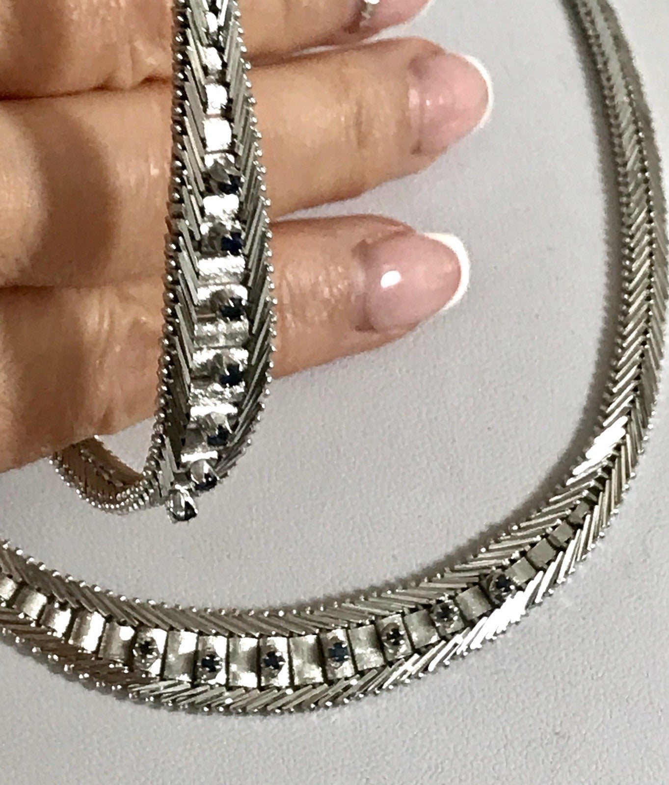 Antik Edel Art Déco 835 Silber Collier rhodiniert Halskette blau Steine Armband