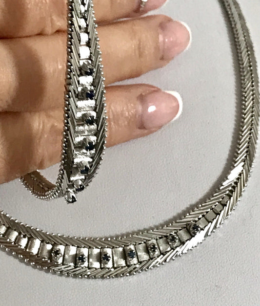 Antik Edel Art Déco 835 Silber Collier rhodiniert Halskette blau Steine Armband