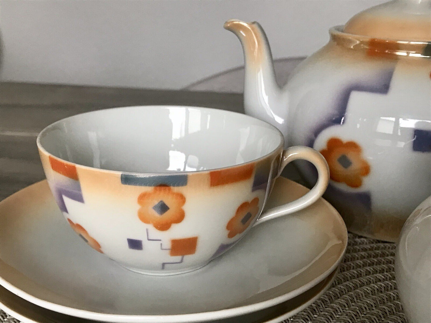 Antik Art Déco Porzellan Kaffeeservice Spritzdekor Moccaservice