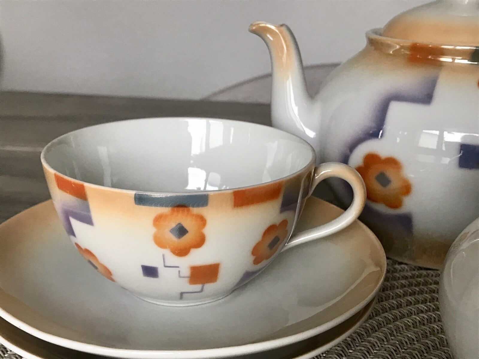 Antik Art Déco Porzellan Kaffeeservice Spritzdekor Moccaservice