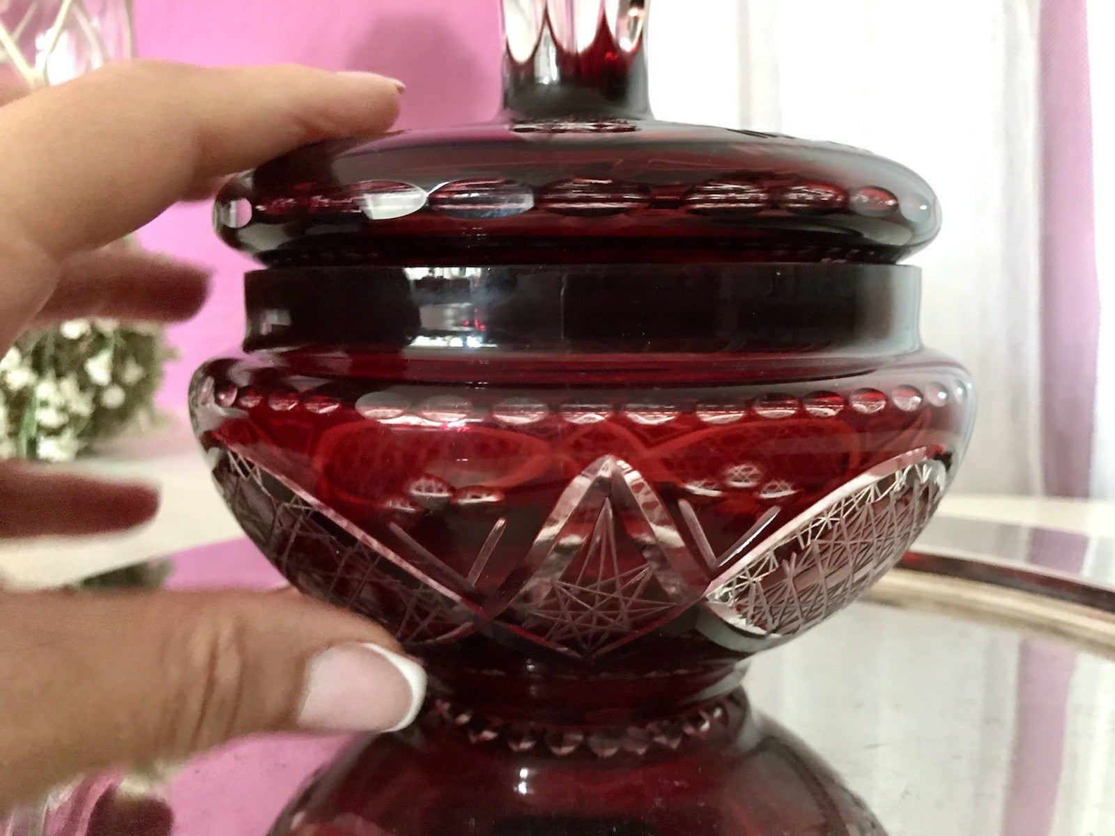Vintage EDEL Glasdose Deckeldose Bonboniere Kristallglas Schliff Rubin Rot