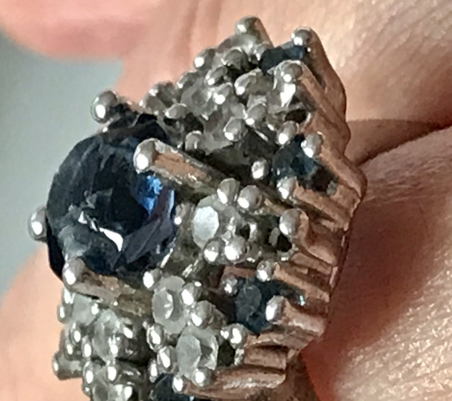 Vintage Entourage Halo Ring farblose Steine & Saphir Silber 835  ~Gr.55 17,5