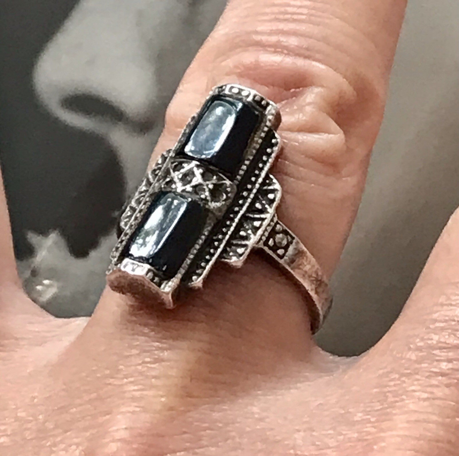 Antik Art Déco Damen Schiffchen Ring Onyx 925 Silber Gr.56 Markasite 18,1