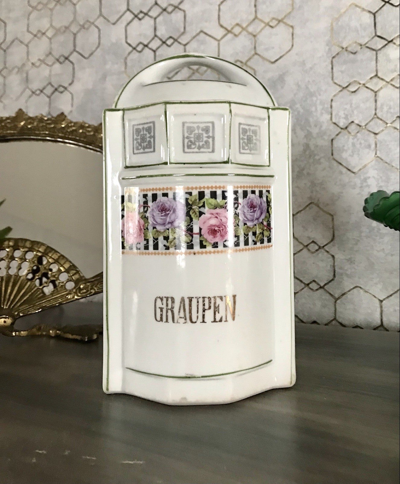 Antik Porzellan Dose Vorratsgefäß Vorratsdose Graupen Rosen Jugendstil Art Déco