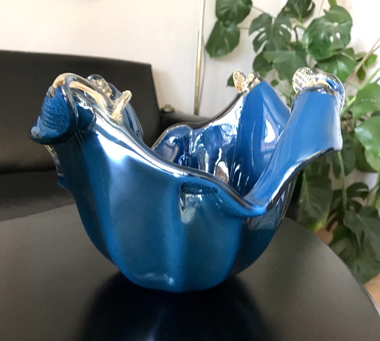 Vintage Murano Schale Vase Glas Petrol Blau metallic irisierend Edel Aufkleber