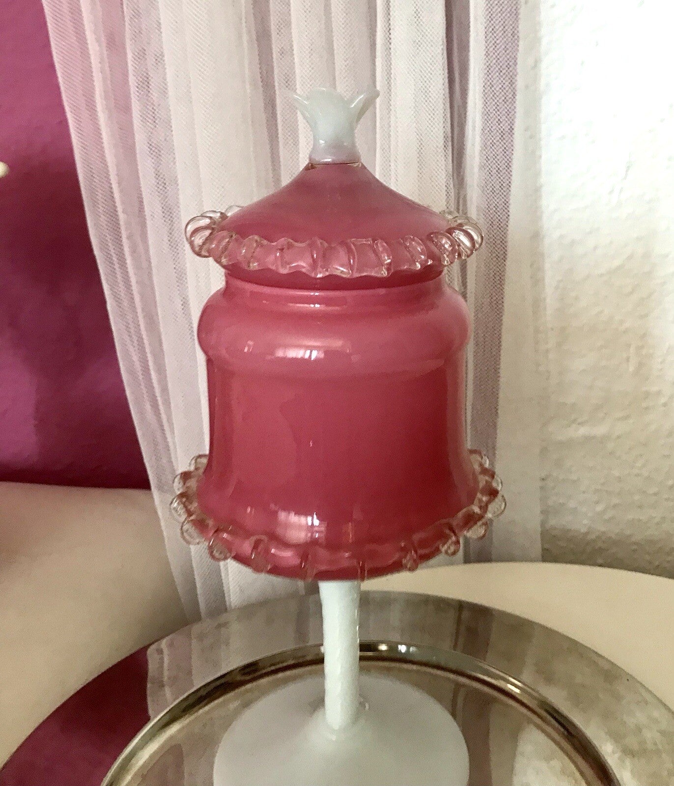Vintage 60er Empoli Fußschale Schale Bonboniere rosa weiß Deckelvase Designer