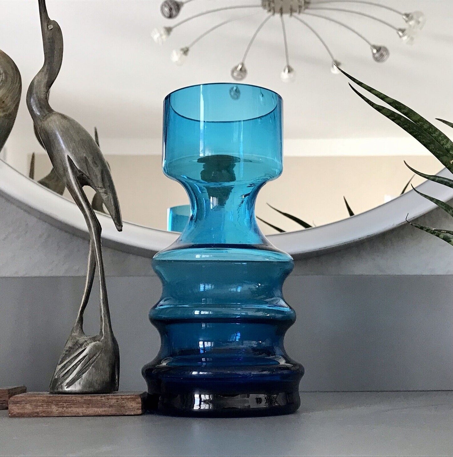 Vintage MCM 60er 70er Jahre blau Glas Kerzenständer Vase  Blumenvase  Glasvase