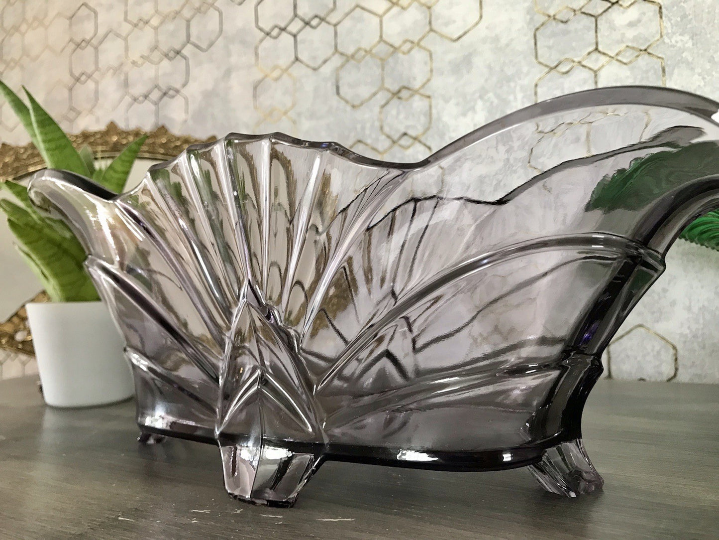 Antik Art Déco lila Pressglas Schale Glas Brockwitz Fruchtschale 1941 Jardiniere