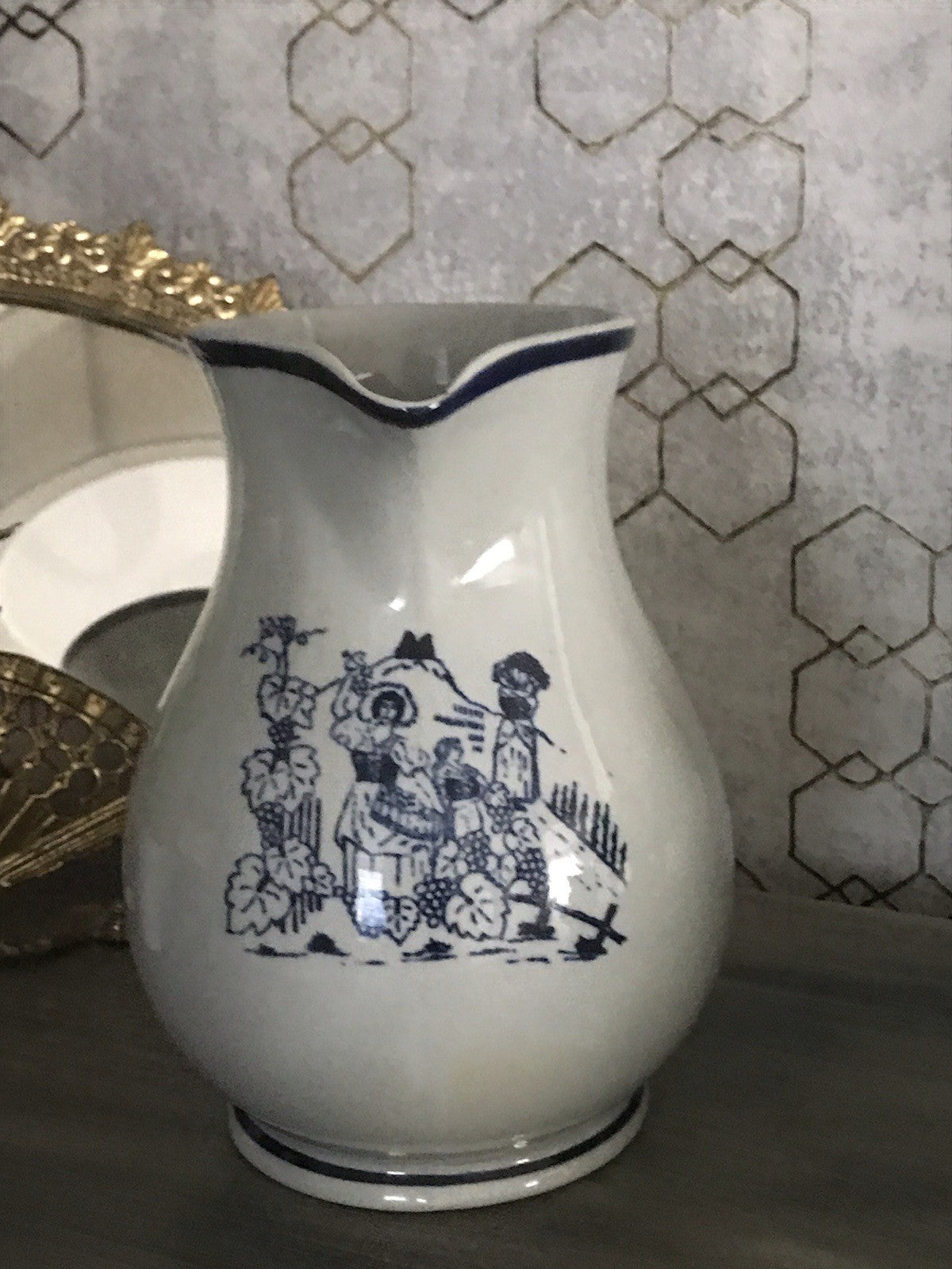 Antik Vintage alt Schankkrug Keramik Steinzeug Weinkrug Kanne grau blau Weinlese
