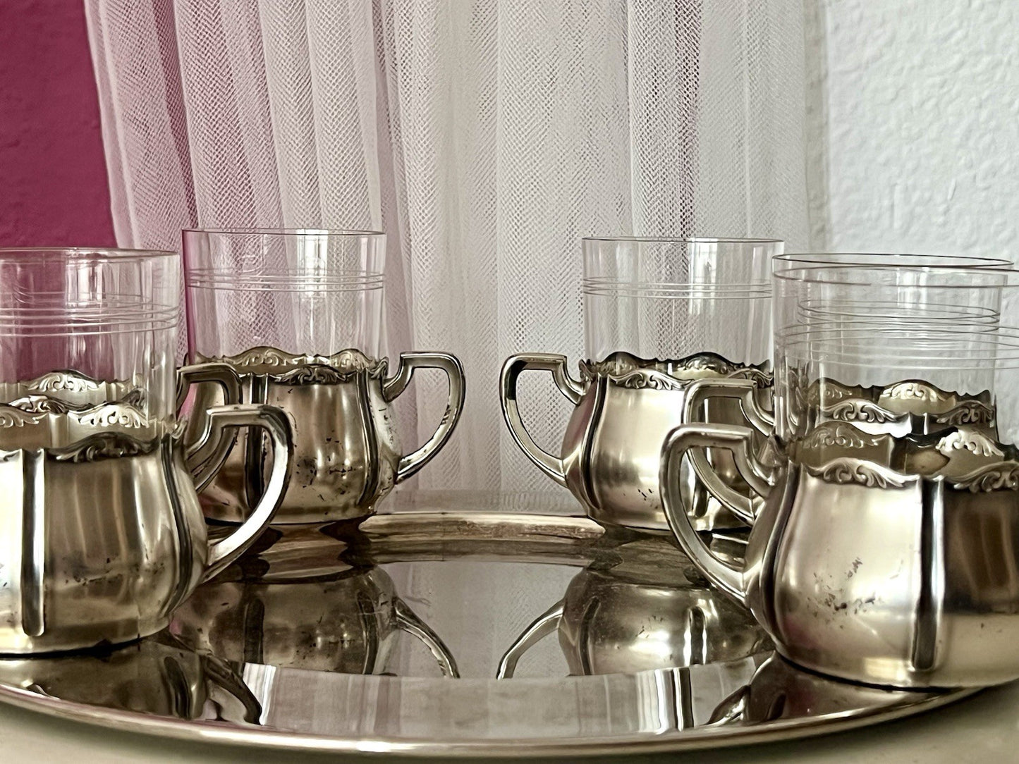 Antik WMF 6 Teeglashalter &6 Glaseinsätze Versilbert Art Déco  3x Straußenmarke