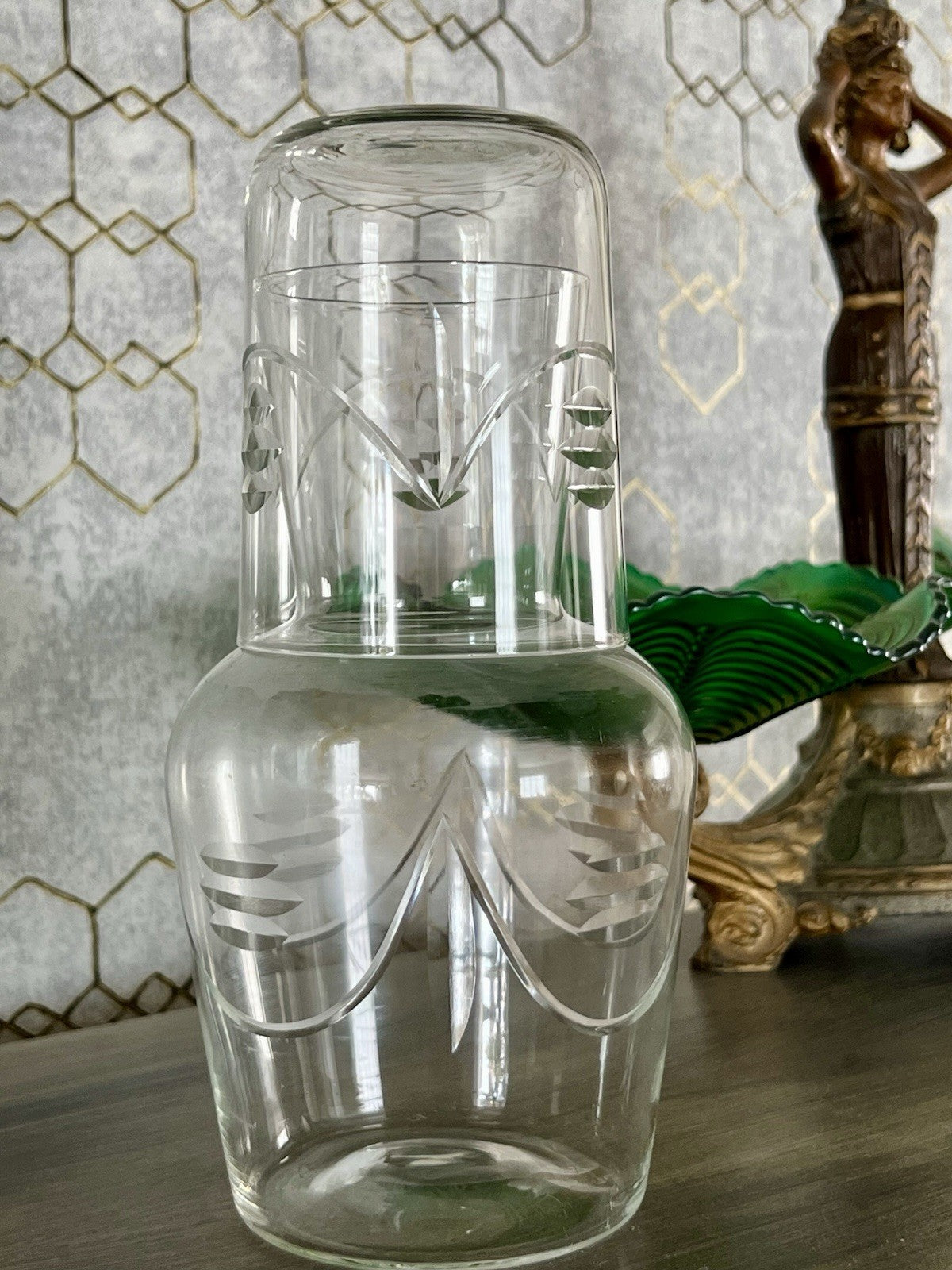 Antik Art Deco Sturzflasche Karaffe Dekanter & Becher Glas geschliffen