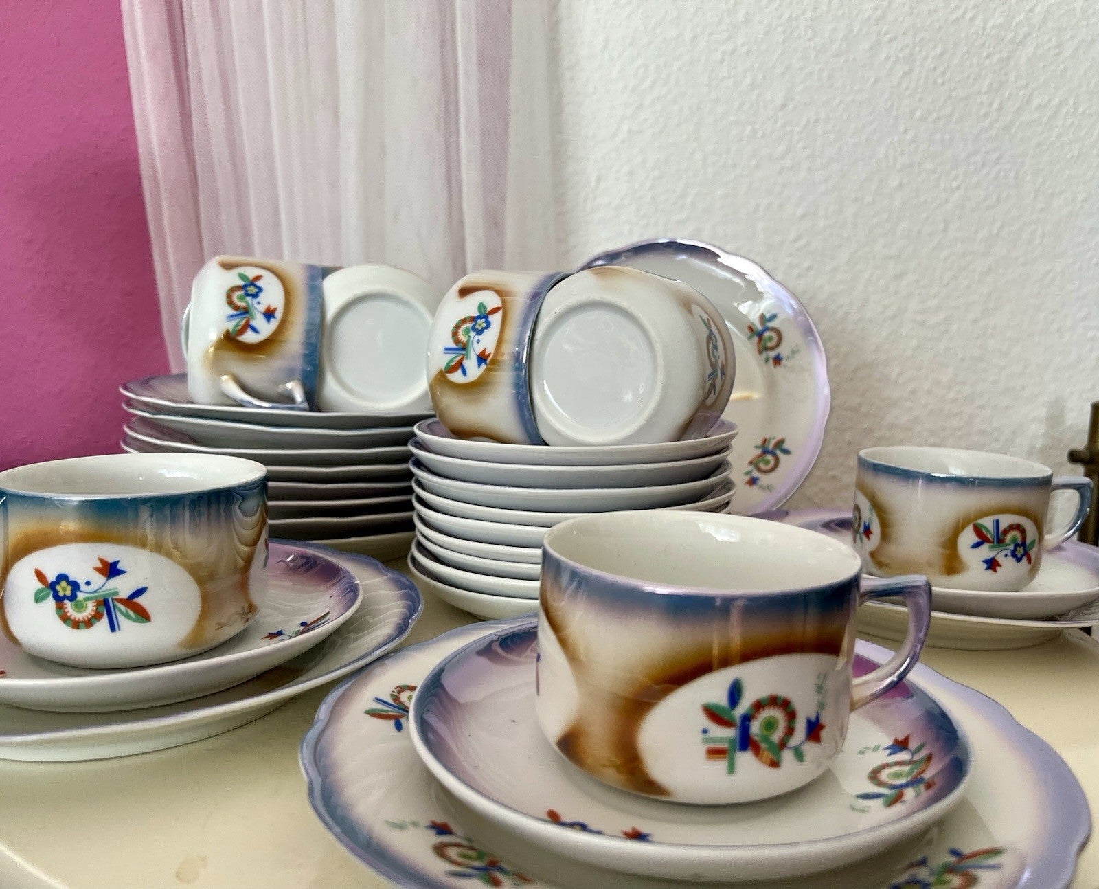 Antik Art Déco Porzellan Kaffeeservice Spritzdekor Teeservice 9 Pers. plus