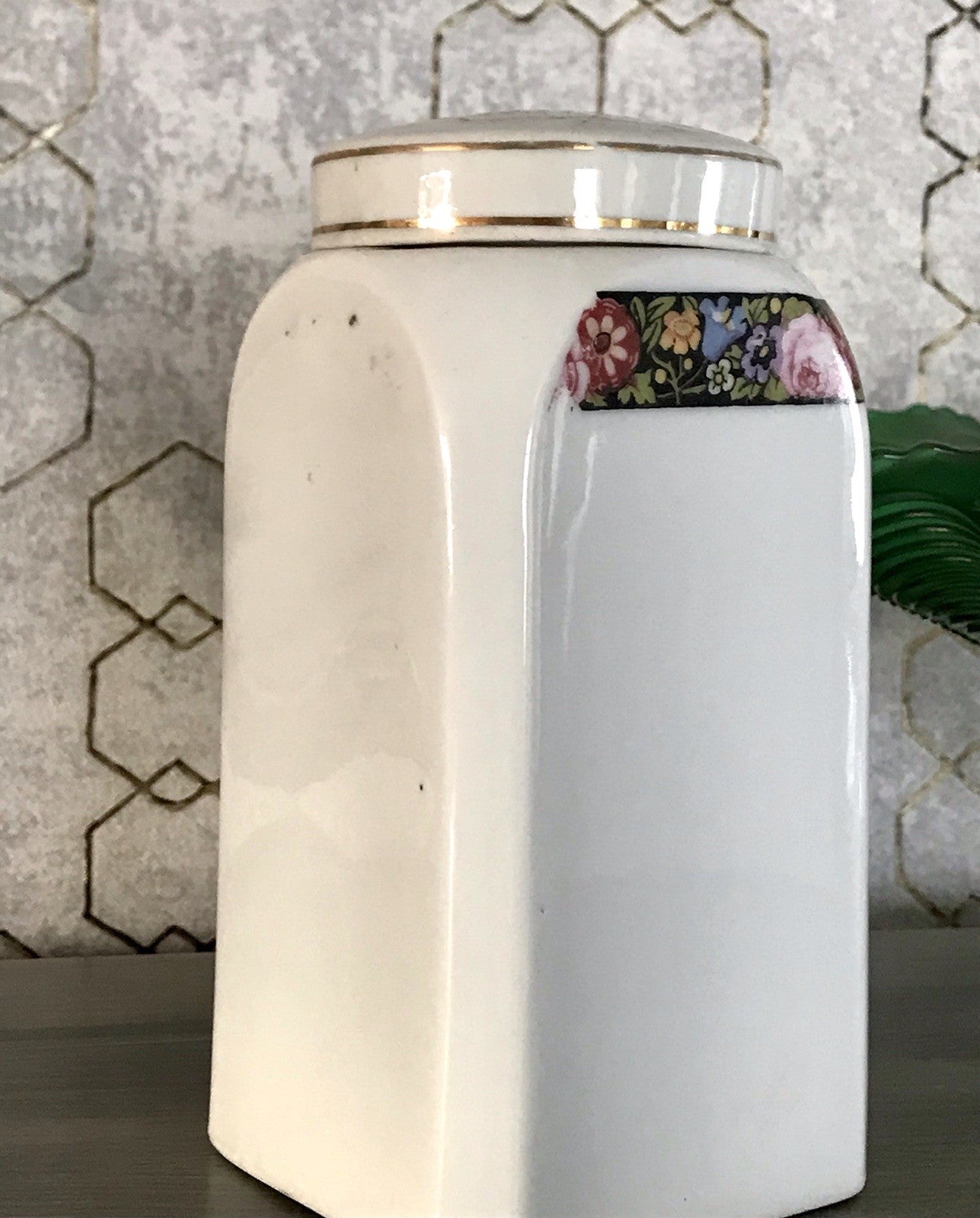 Antik Porzellan Dose Vorratsgefäß Vorratsdose Sago Blumenborte Art Déco