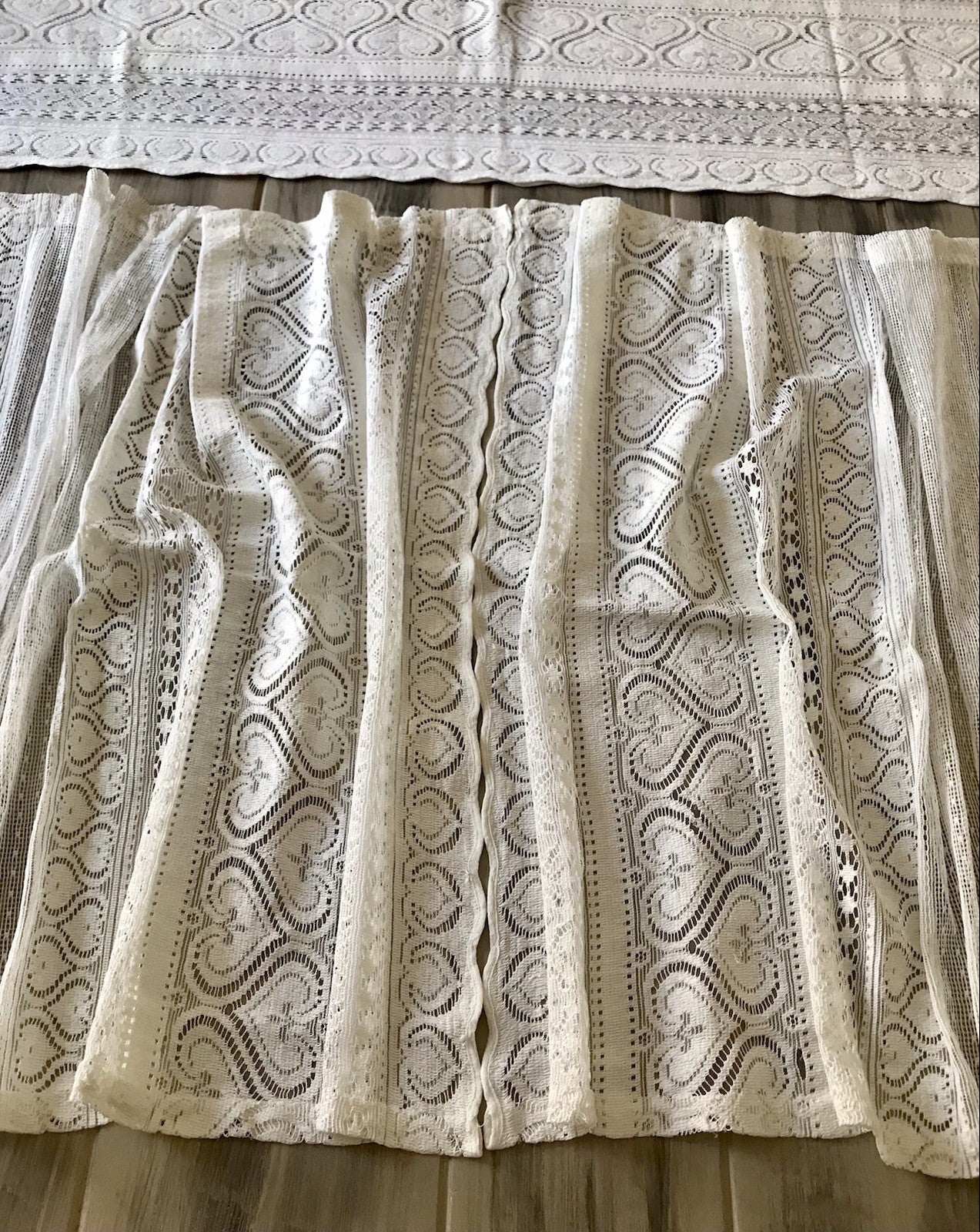 Antik Set 3tlg Fenster Gardine Vorhang Baumwolle Musselin? Filetspitze? Herzen