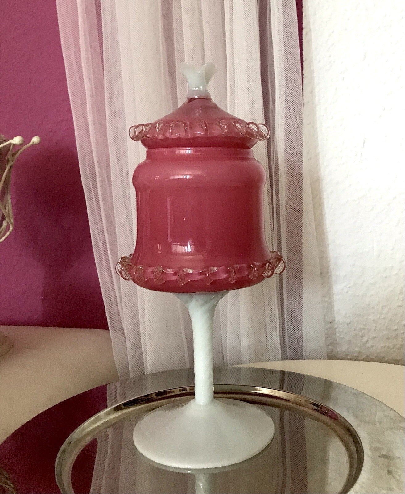 Vintage 60er Empoli Fußschale Schale Bonboniere rosa weiß Deckelvase Designer