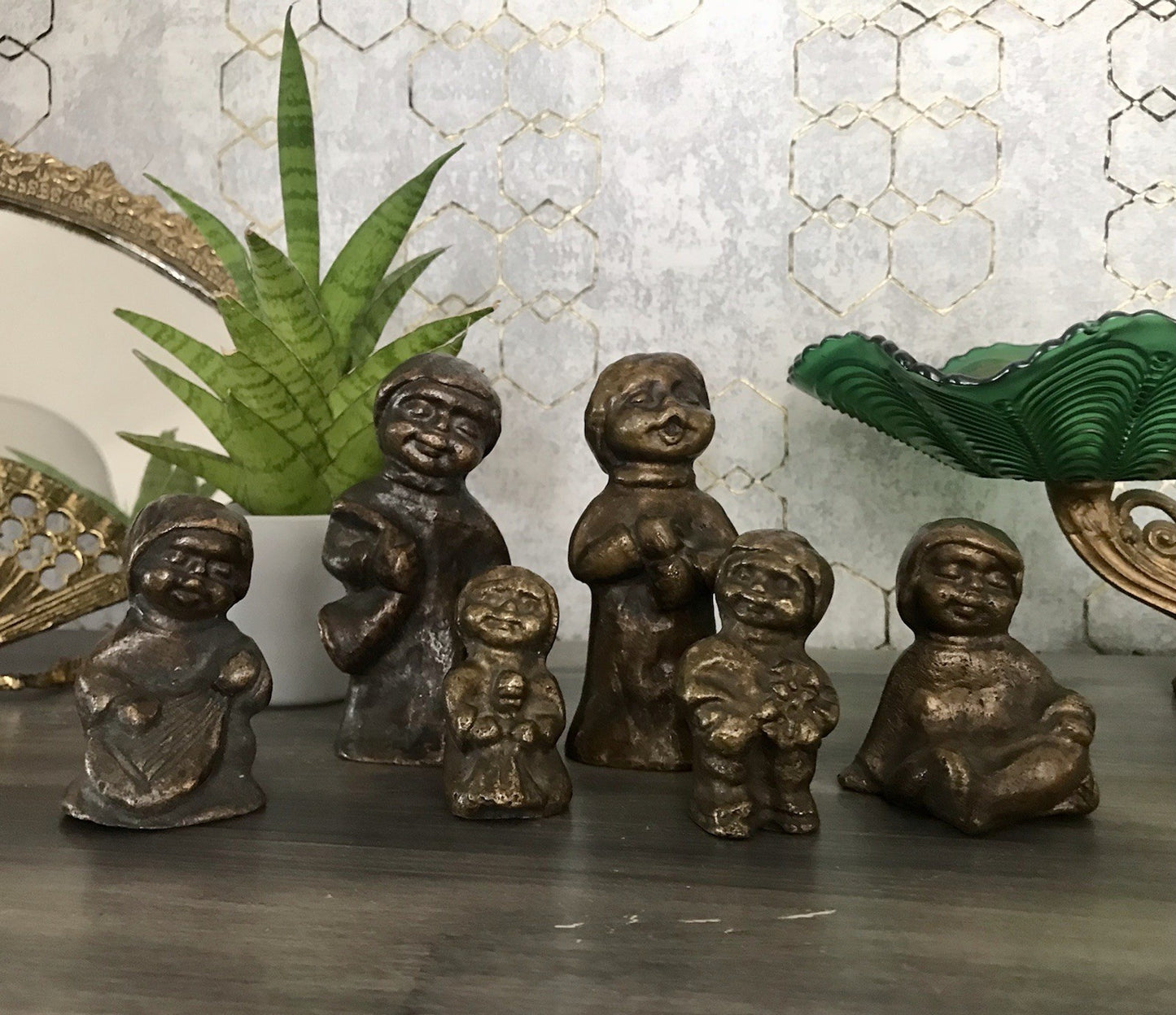 6x Vintage Bronze Figur Kinder Skulpturen Limpke u.a. Mädchen mit Puppe SCHÖN!