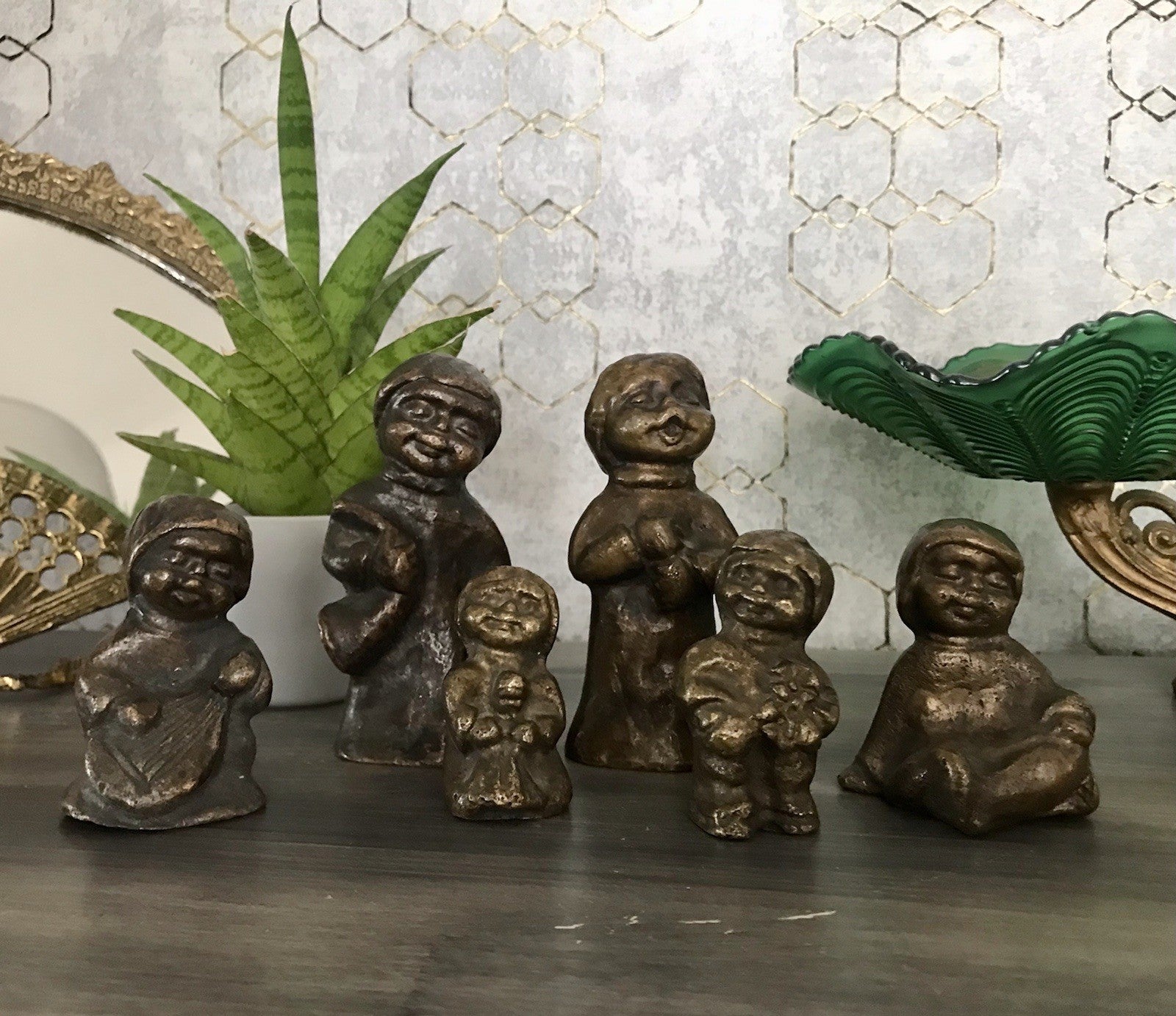 6x Vintage Bronze Figur Kinder Skulpturen Limpke u.a. Mädchen mit Puppe SCHÖN!