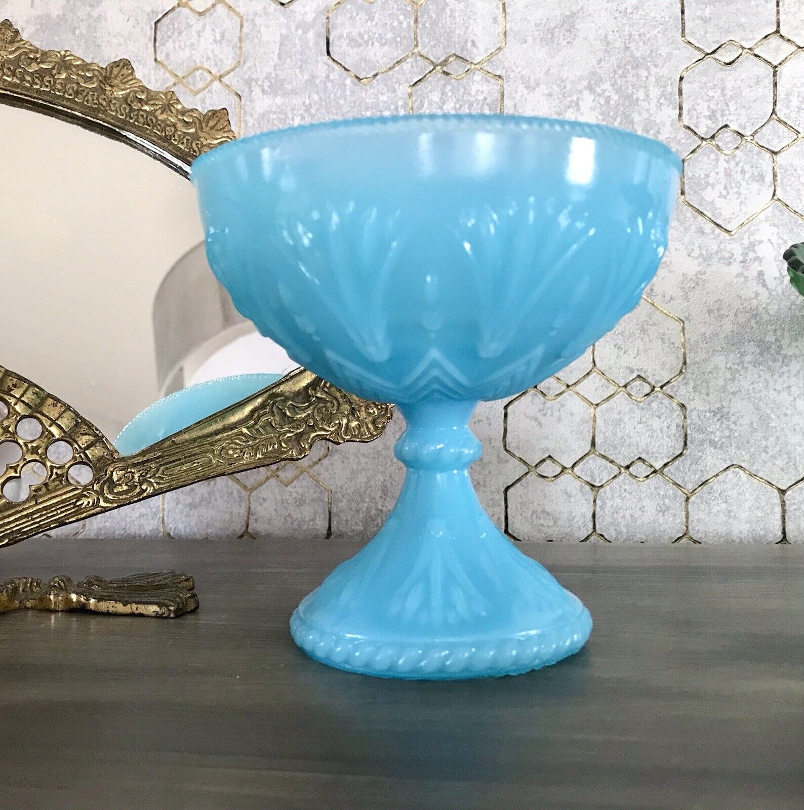 Antik Jugendstil Art Déco Pressglas Schale Fußschale Zuckerschale blau türkis