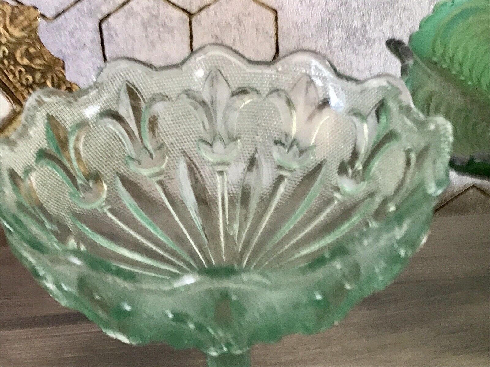 Antik Jugendstil Art Déco Pressglas Schale Fußschale Zuckerschale grün