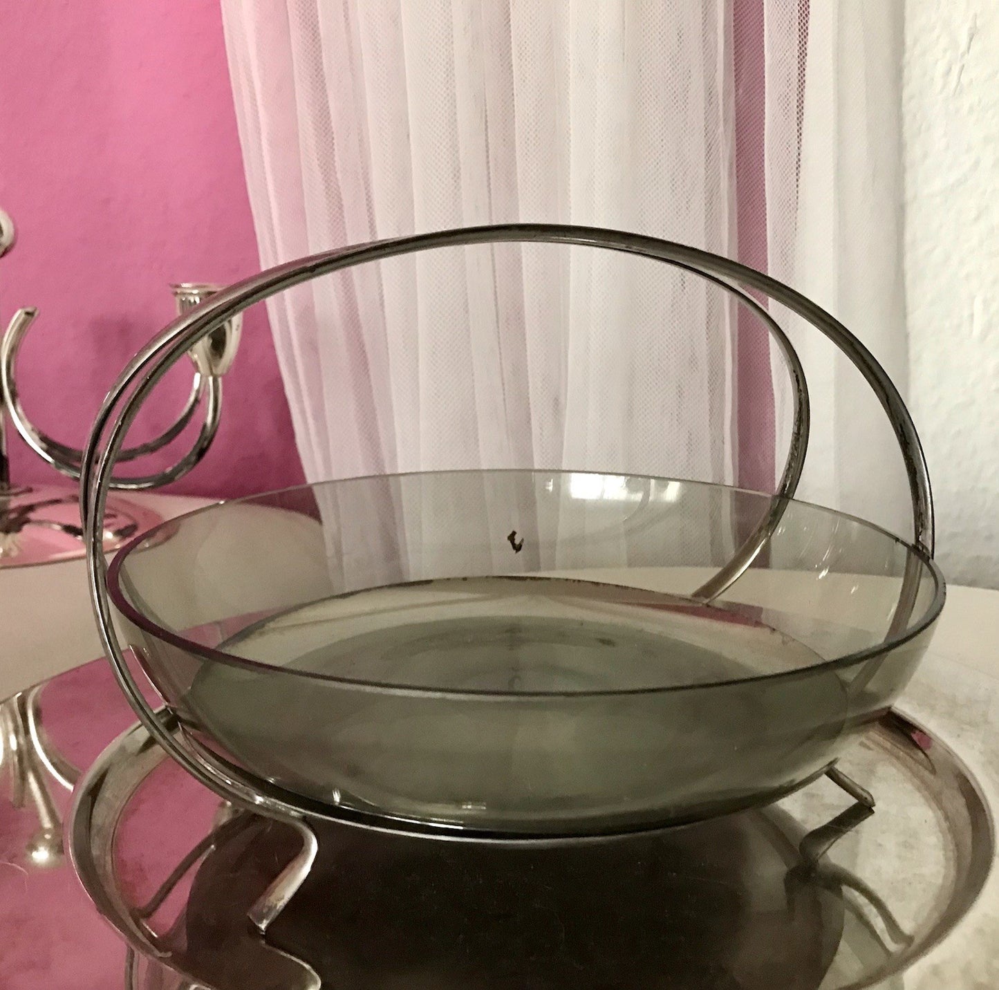 WMF ? Vintage Schale versilbert 50er 60er Mid Century Rauchglas Einsatz MCM