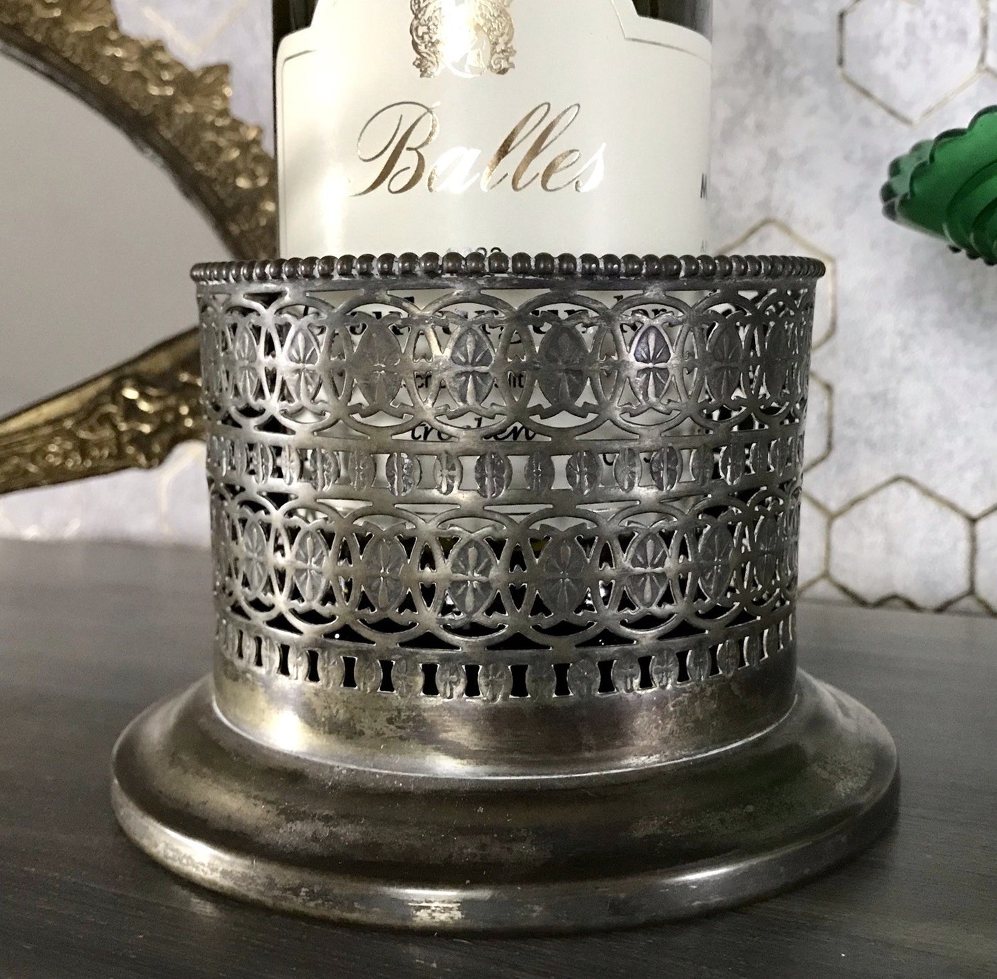 Antik Flaschenhalter Weinflaschenhalter versilbert Jugendstil wunderschön