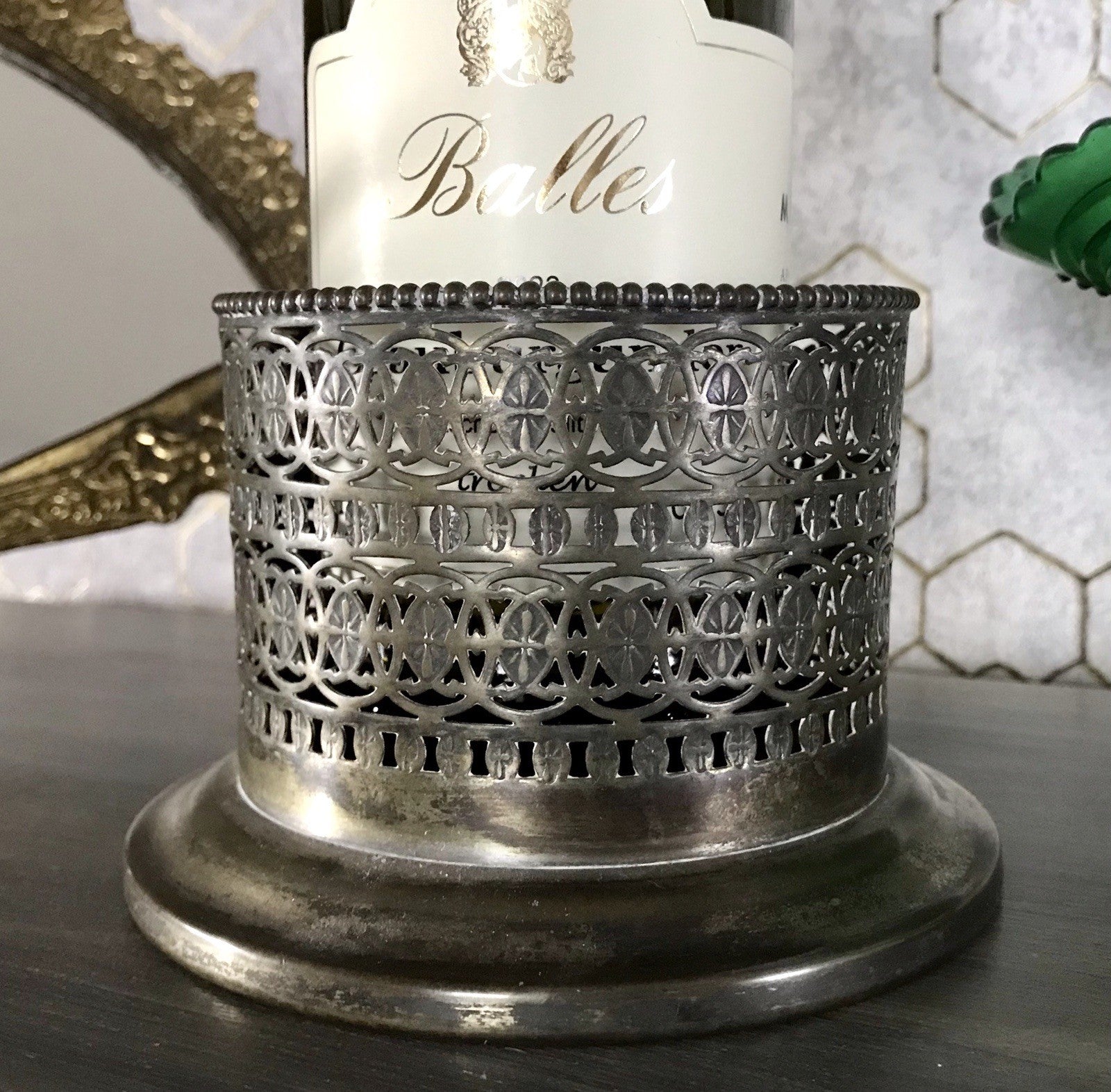 Antik Flaschenhalter Weinflaschenhalter versilbert Jugendstil wunderschön