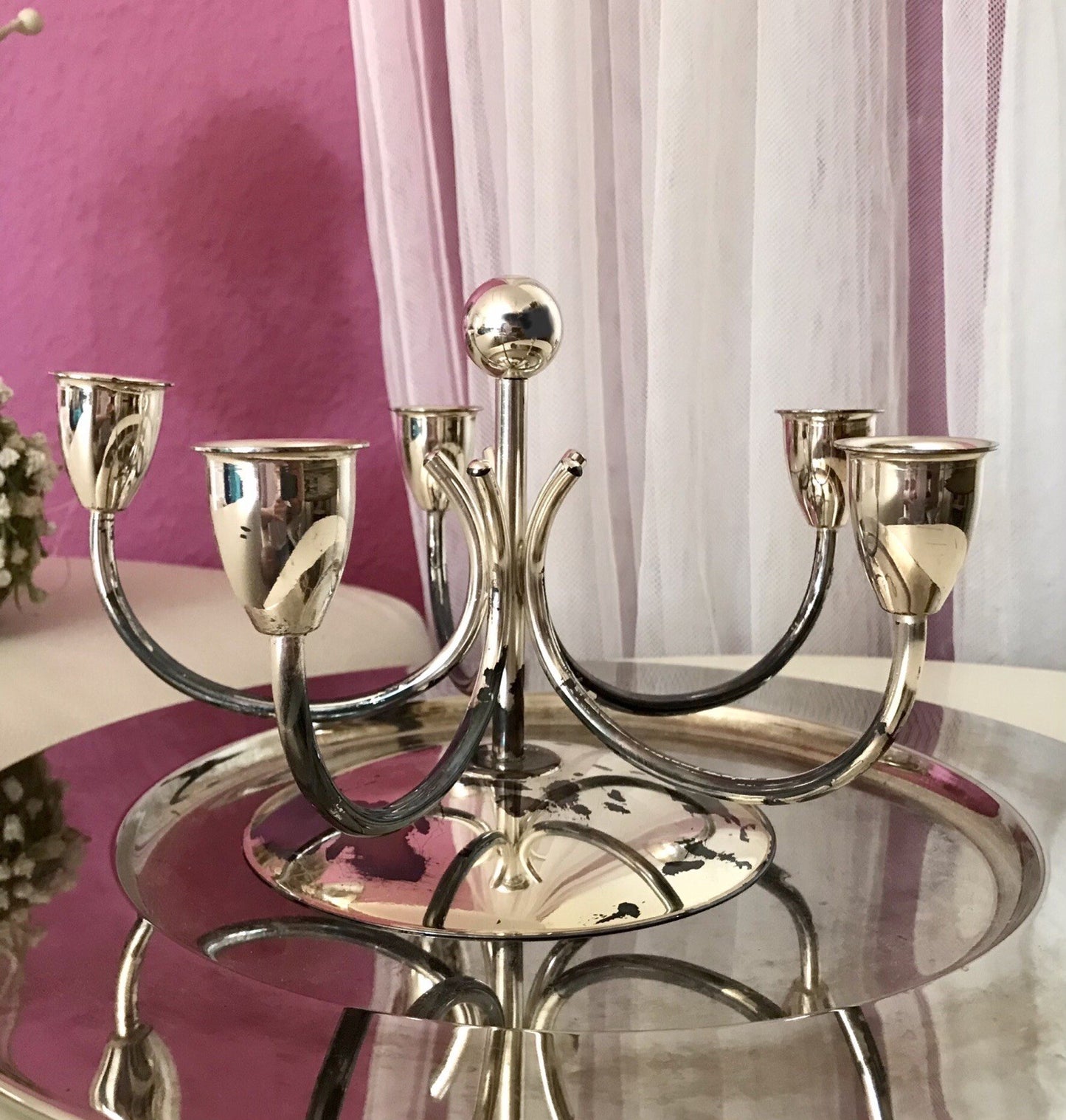 Alt Vintage 60er MCM Kerzenleuchter Kerzenständer Leuchter versilbert