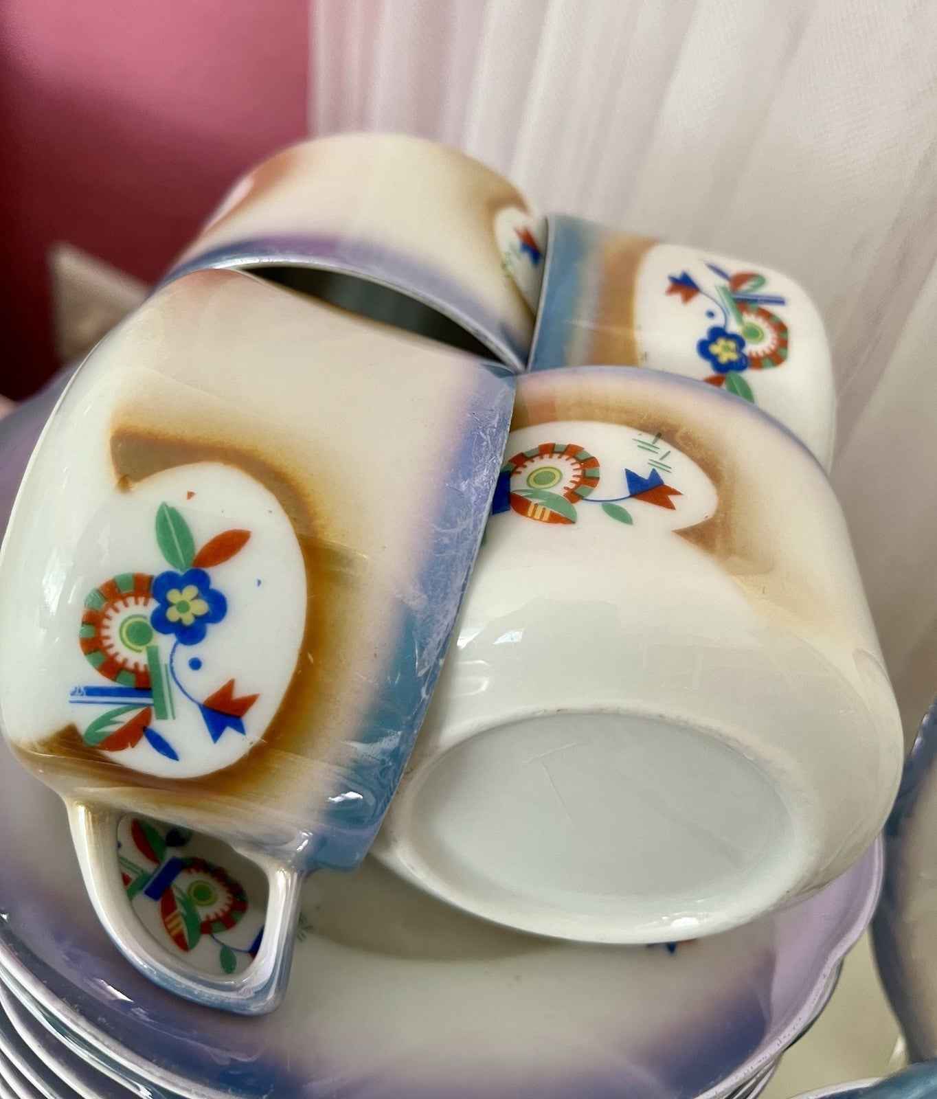 Antik Art Déco Porzellan Kaffeeservice Spritzdekor Teeservice 9 Pers. plus