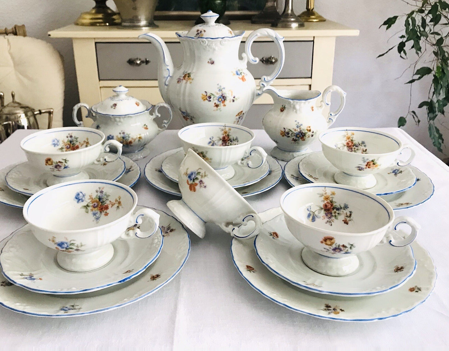 Antik spätes Art Déco Porzellan Kaffeeservice Stadtlengsfeld Rhön 1949-52