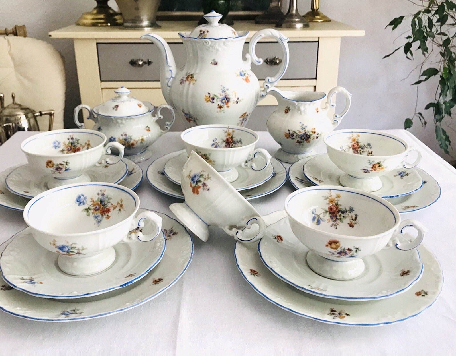 Antik spätes Art Déco Porzellan Kaffeeservice Stadtlengsfeld Rhön 1949-52