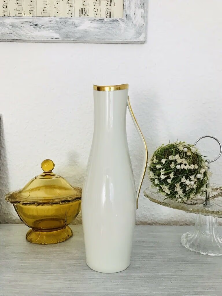 Antik Art Déco Porzellan Vase Henkel Blumenvase Elfenbein Goldrand Eschenbach