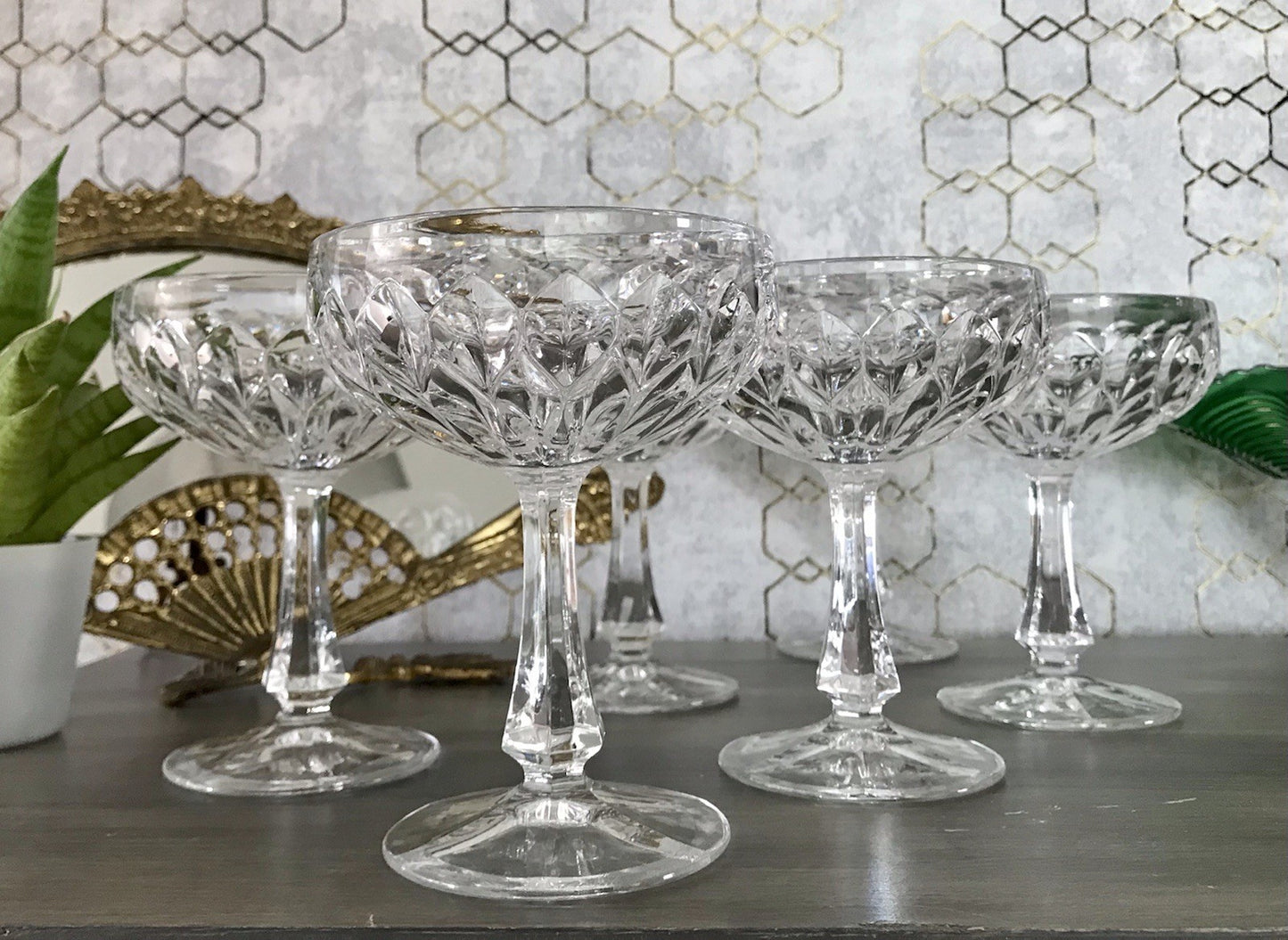 Vintage 9x Champagnerschalen Sektschalen Kristallglas Schliff Bleikristall