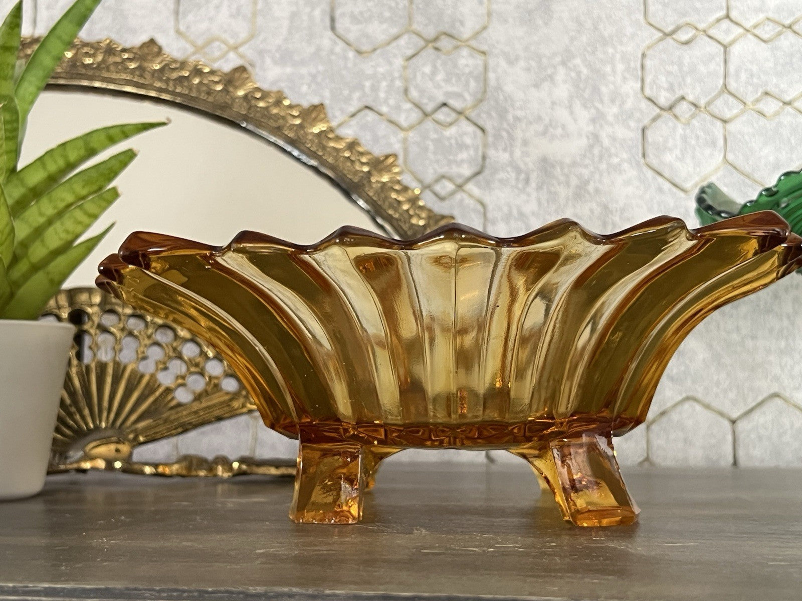 Antik Jardiniere Brockwitz Prismen Bernstein gelb Art Déco Schale Pressglas Glas