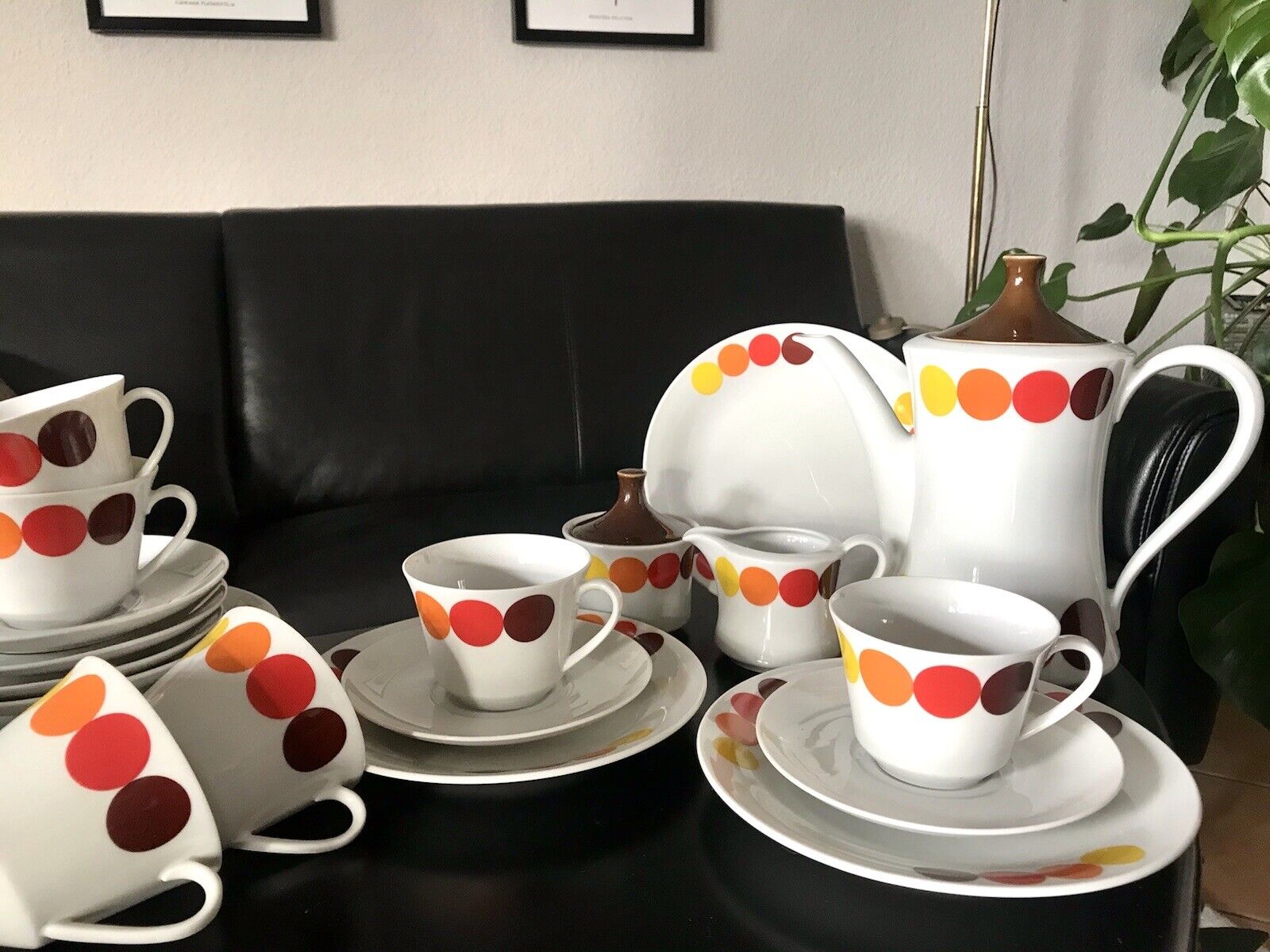 Alt Vintage 70er Seltmann Porzellan Kaffeeservice weiß bunte Kreise 6 Personen