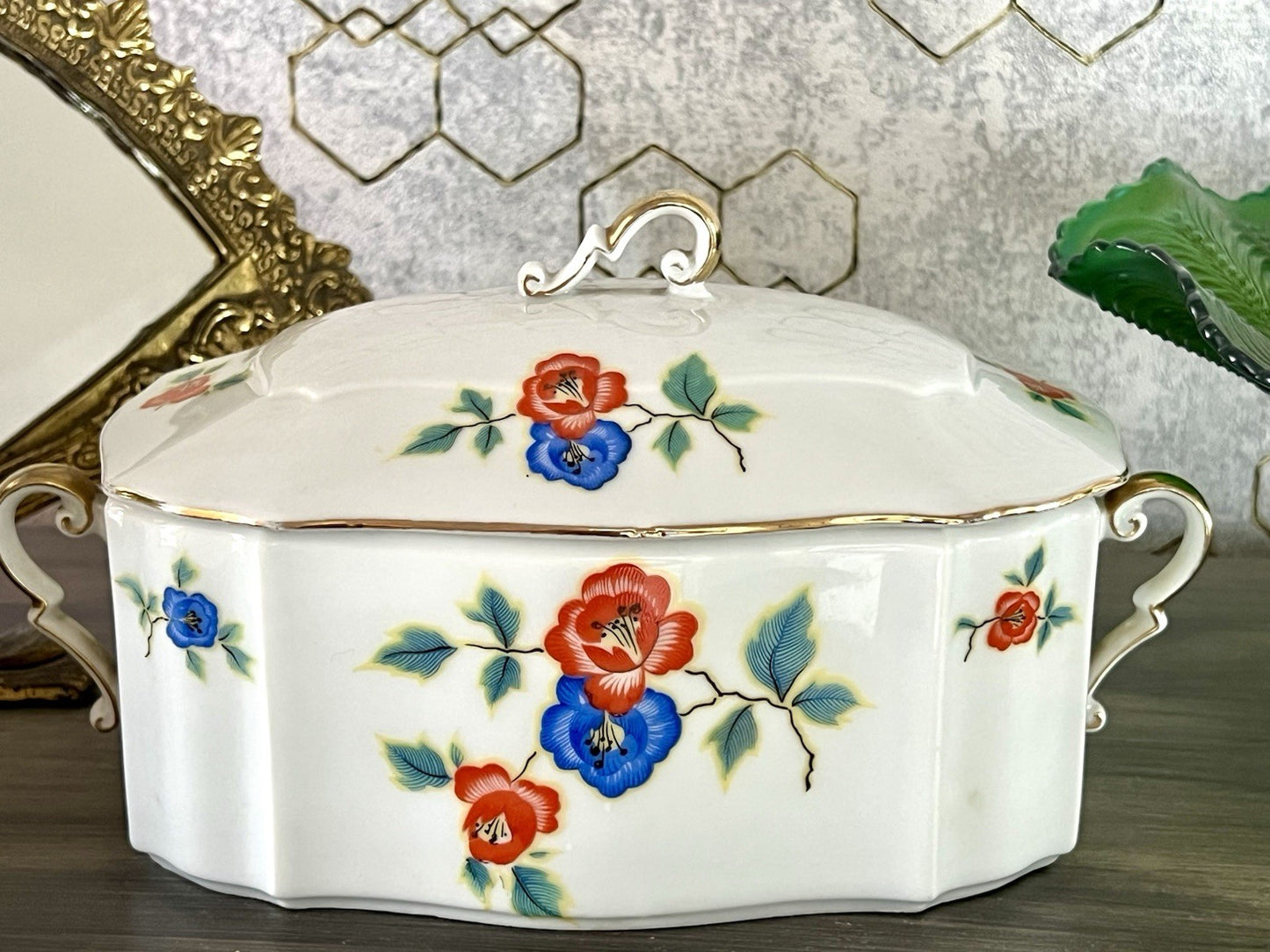 Antik Art Déco Porzellan Dose Deckeldose Schatulle Bonboniere gestempelt R Krone