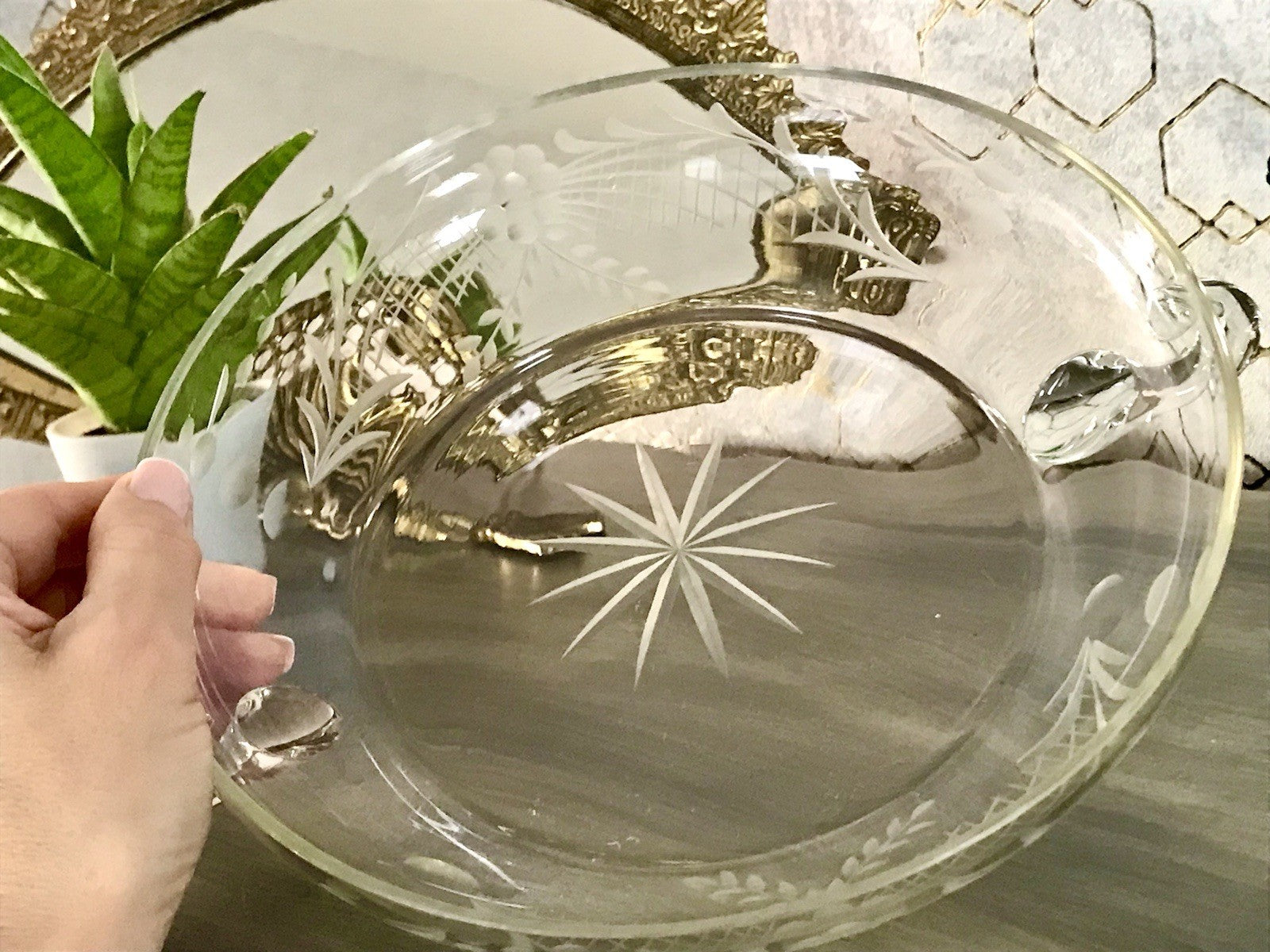 Antik EDEL Art Déco Schale Glasschale mundgeblasen geschliffen mit Henkeln