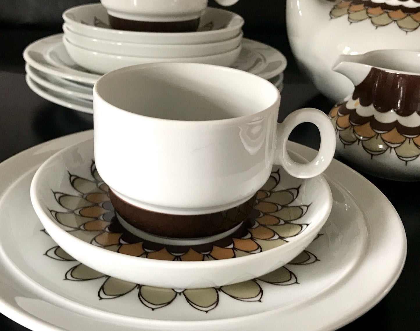 Alt Vintage 70er Thomas Porzellan Kaffeeservice weiß braun orange Wirkalla 6 P.