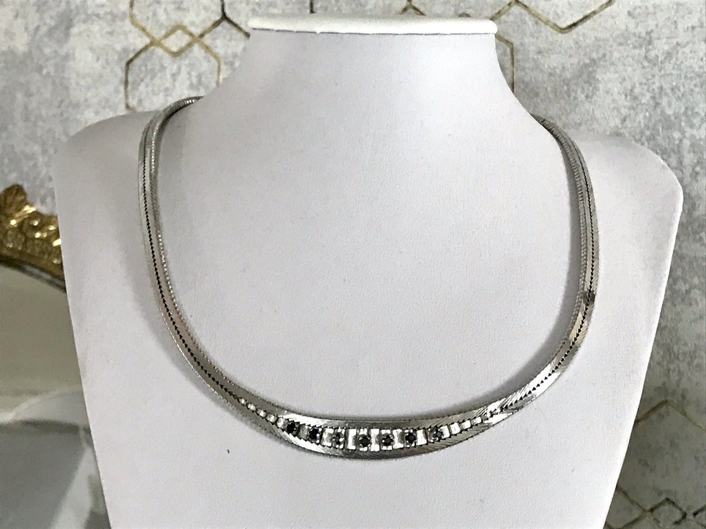 Antik Edel Art Déco 835 Silber Collier rhodiniert Halskette blaue Steine Armband