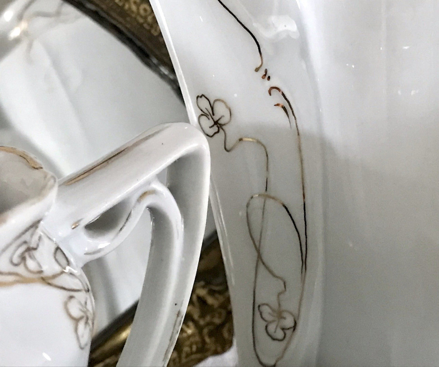 Antik reines Jugendstil Porzellan Kaffeeservice weiß gold 5 Pers. WOW!