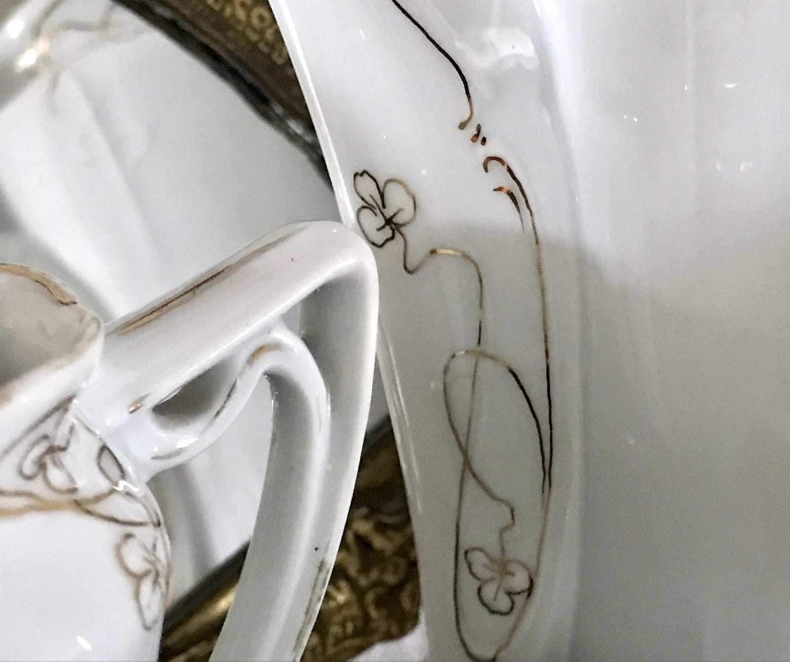 Antik reines Jugendstil Porzellan Kaffeeservice weiß gold 5 Pers. WOW!