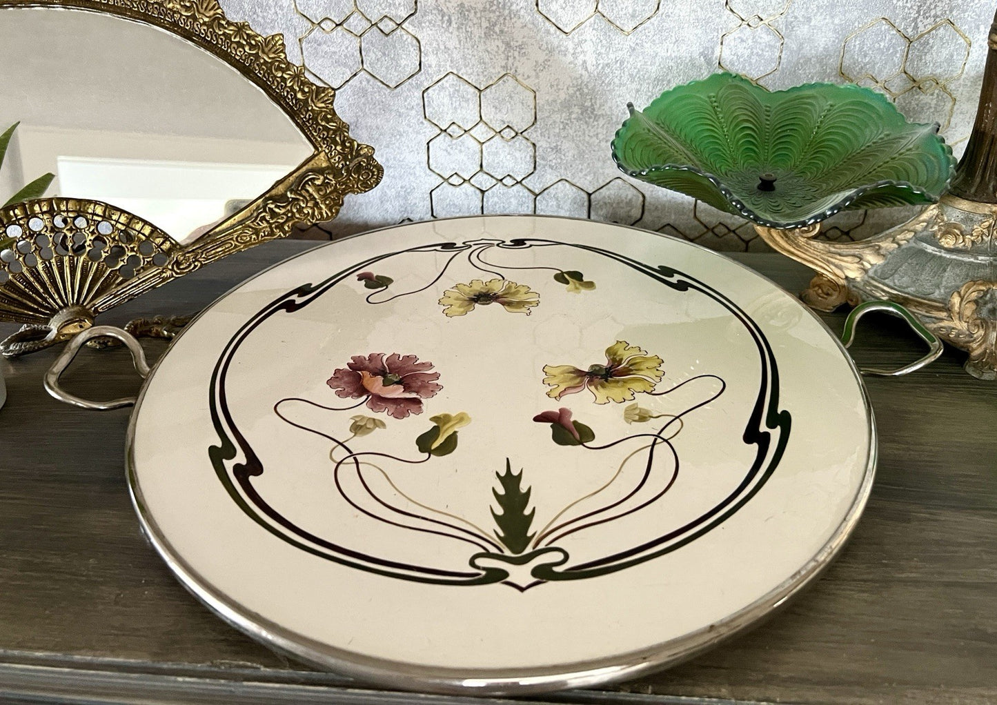Antik WMF Jugendstil Art Deco Tortenplatte  Metallmontur Porzellan Keramik