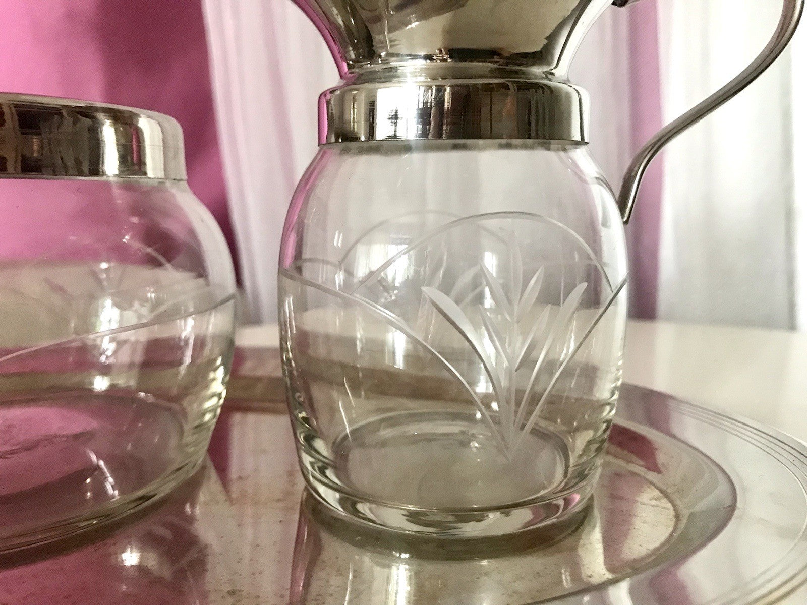 Antik Jugendstil 3 Teile Milch& Zucker Tablett Metallmontur & Glas geschliffen