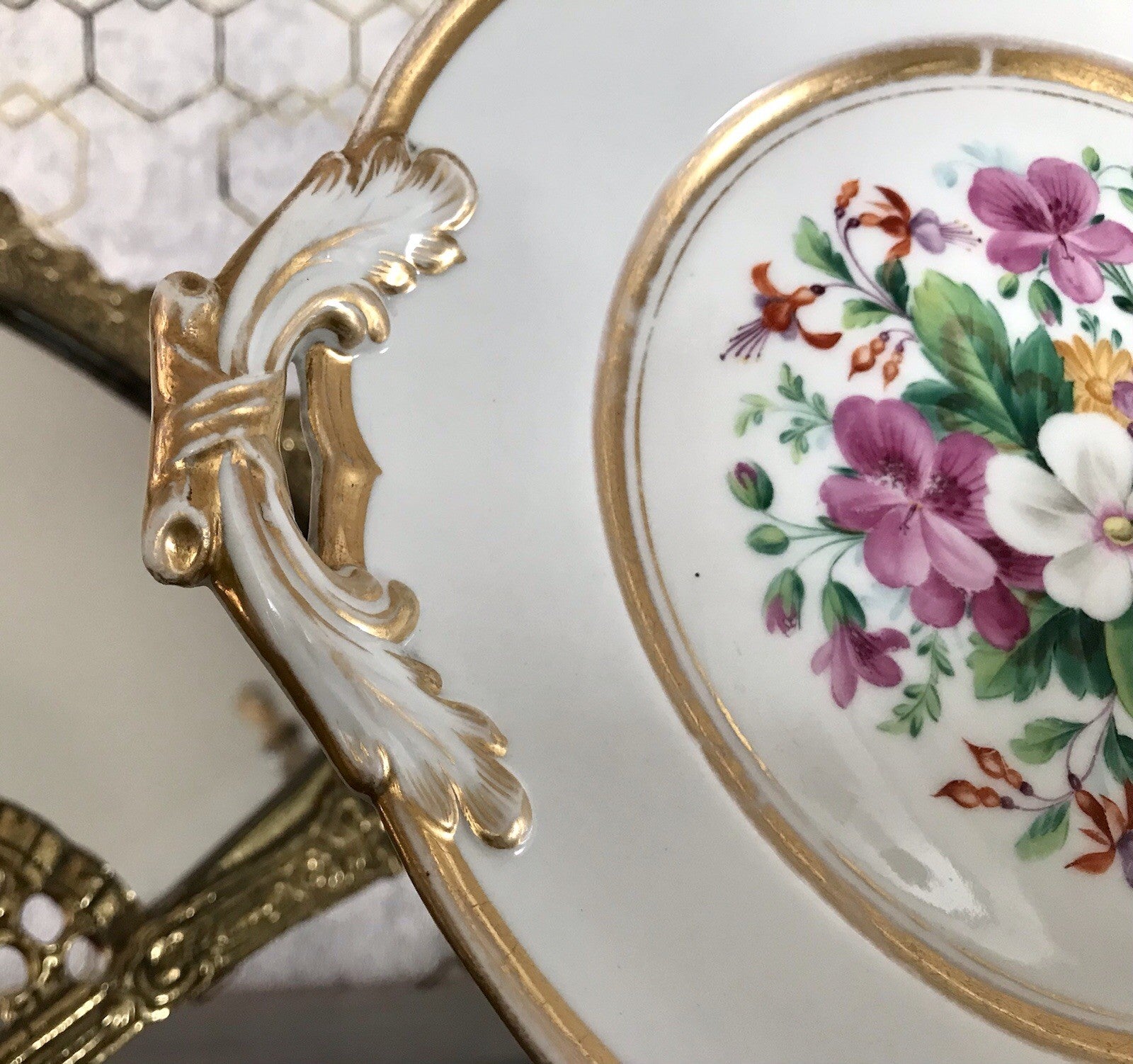 Antik Tielsch Porzellan Schale Zierschale Prunkschale um 1860 Blumenmalerei