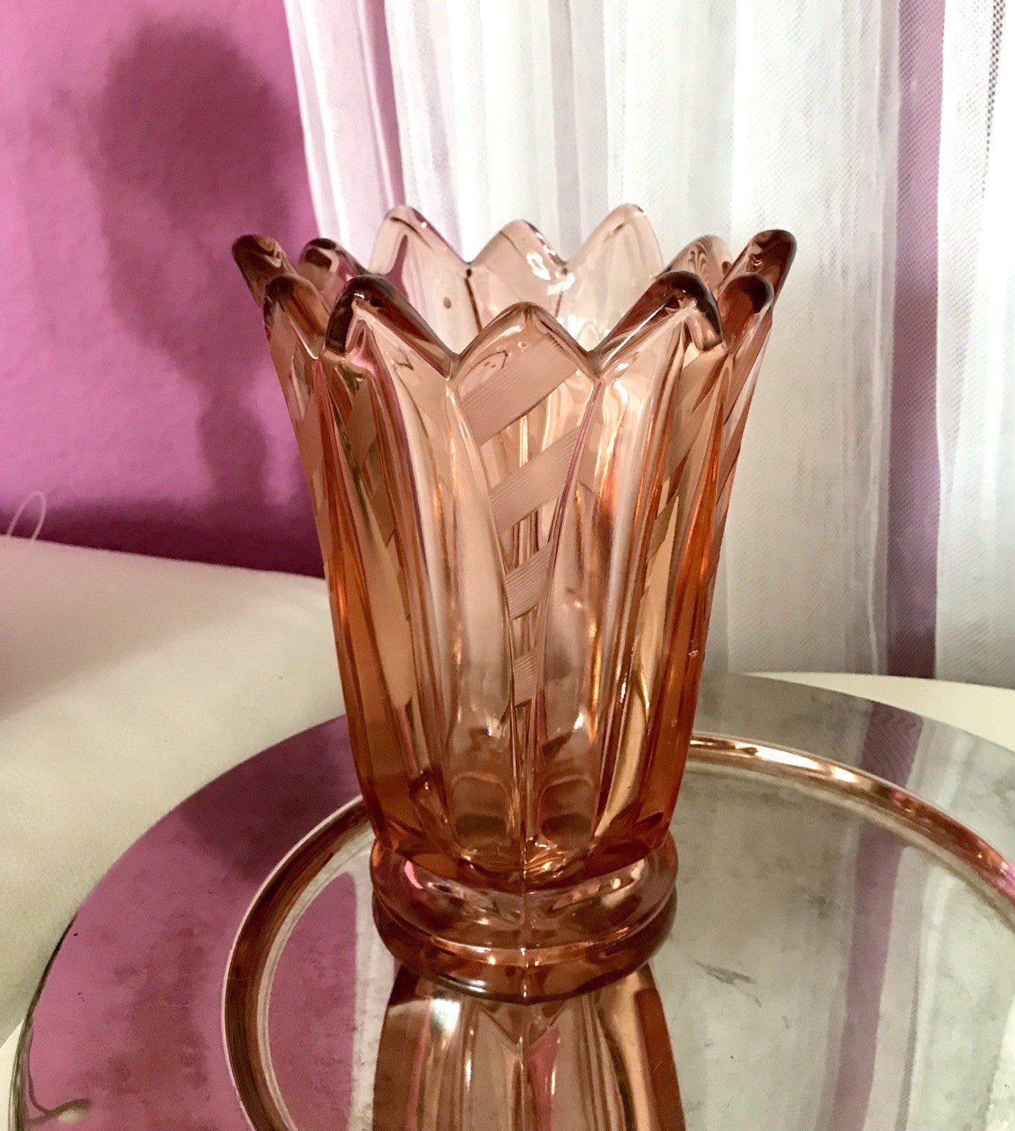 Antik Art Déco Vase Glasvase Pressglas Glas Rosalin rosa Blumenvase Schwepnitz