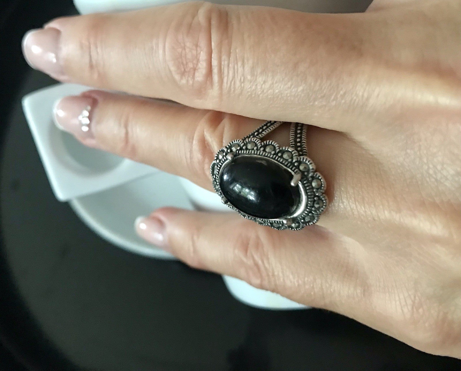 Antik? alt Art Déco Edel Onyx Markasite DAMEN RING Silber 925 Gr.57 18,1