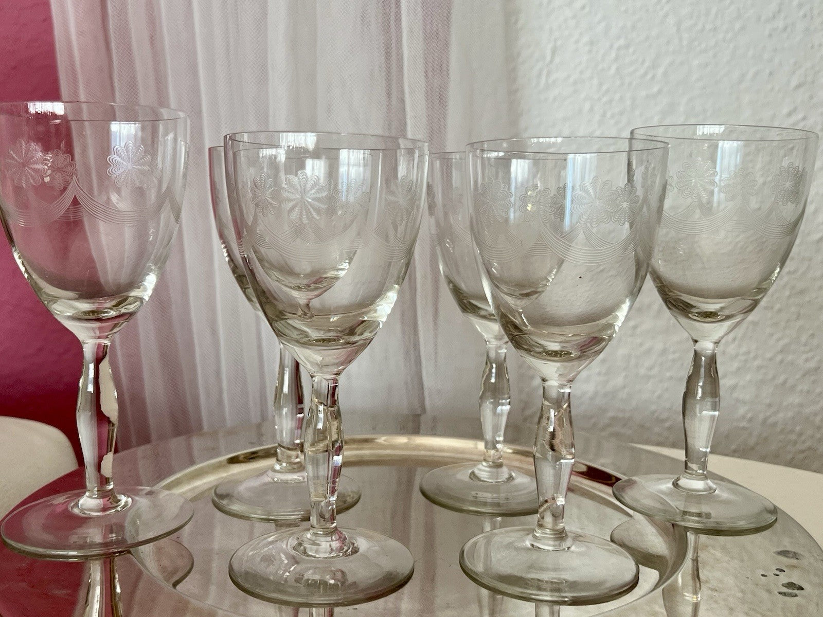 Antik 6 Weingläser Glas So Schön! guillochierte  Borte Edel