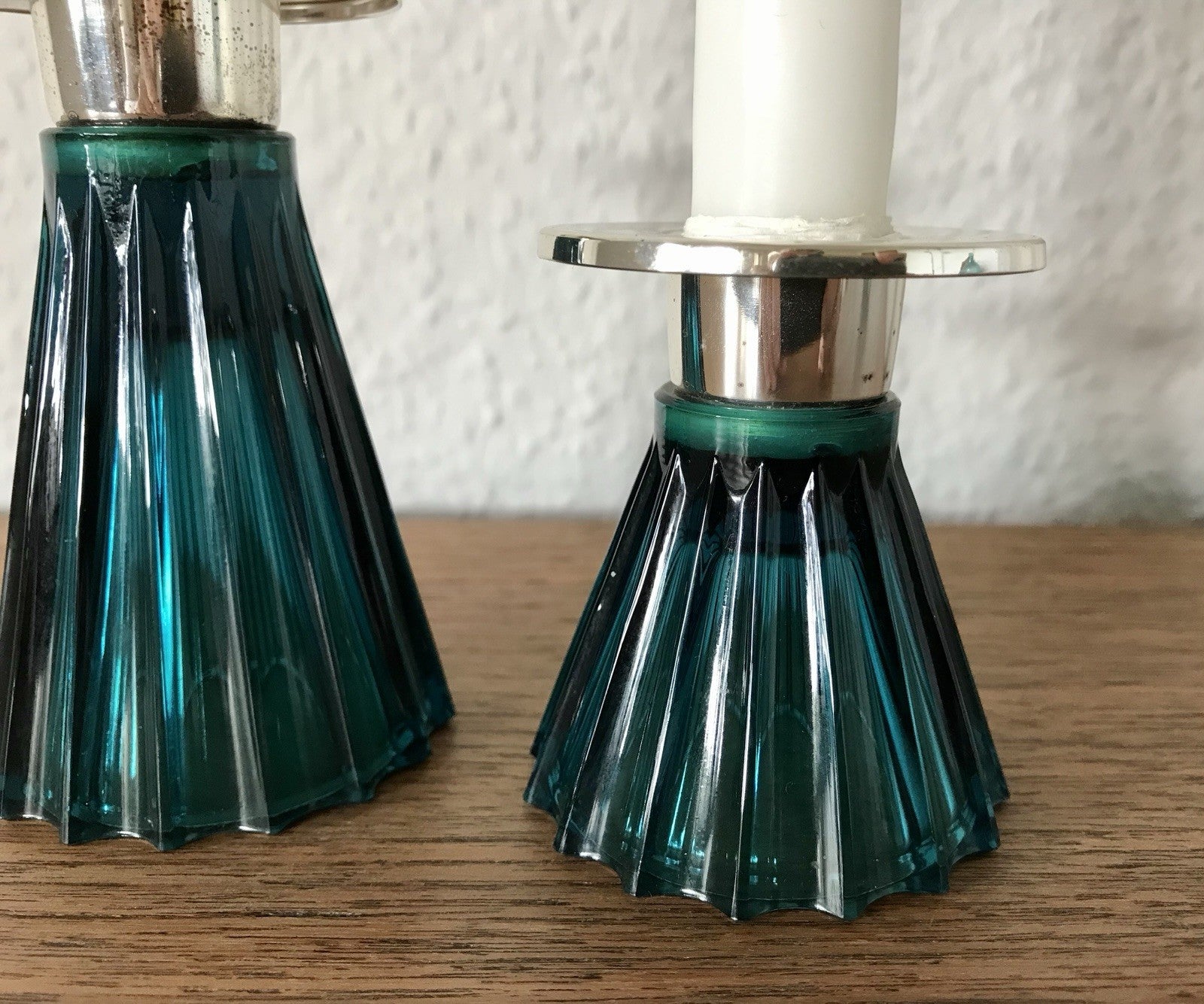 Vintage alt WMF 2 Leuchter Glas türkis versilbert Wagenfeld Ära